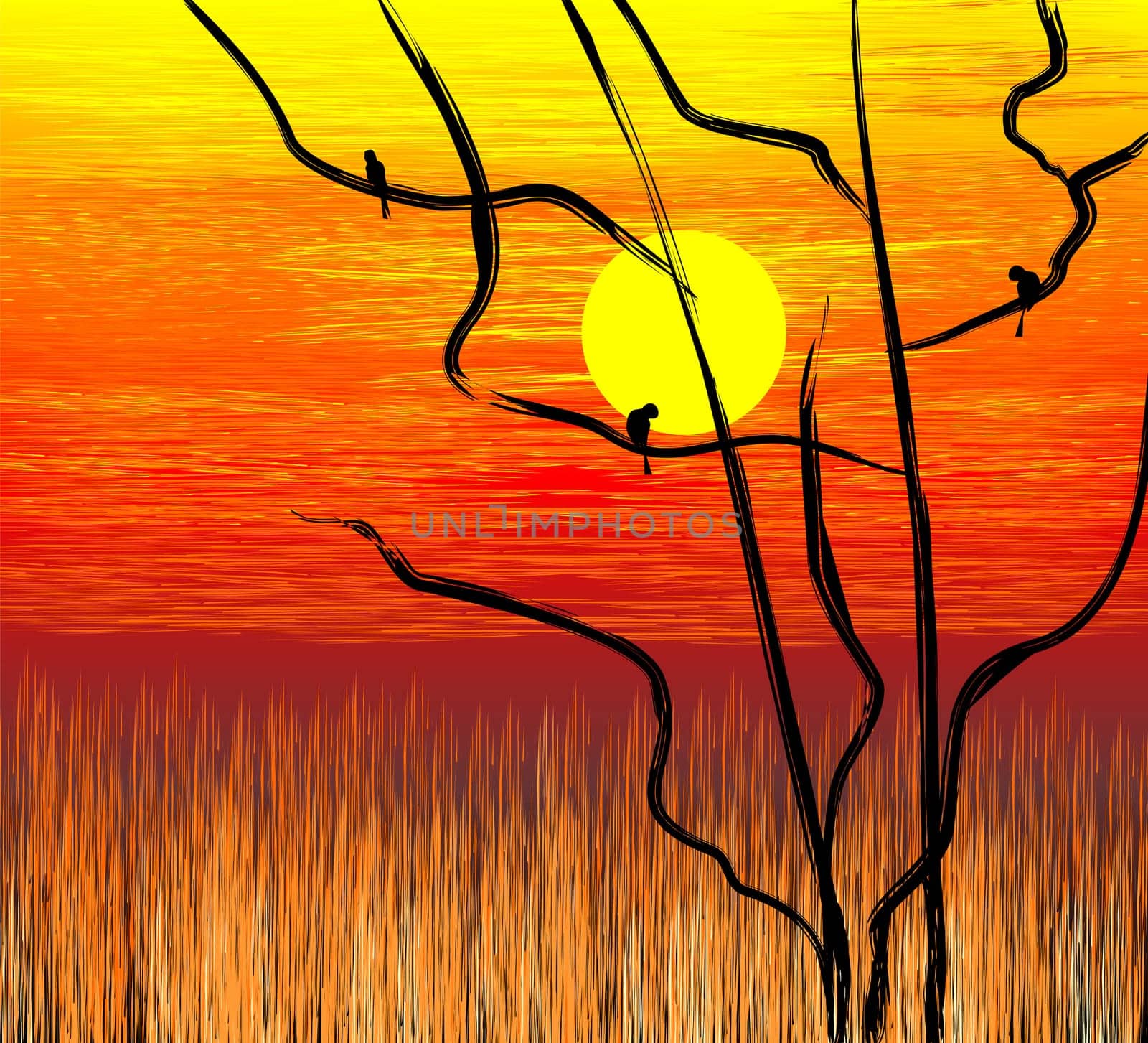 Digital painting of tree in a sunset