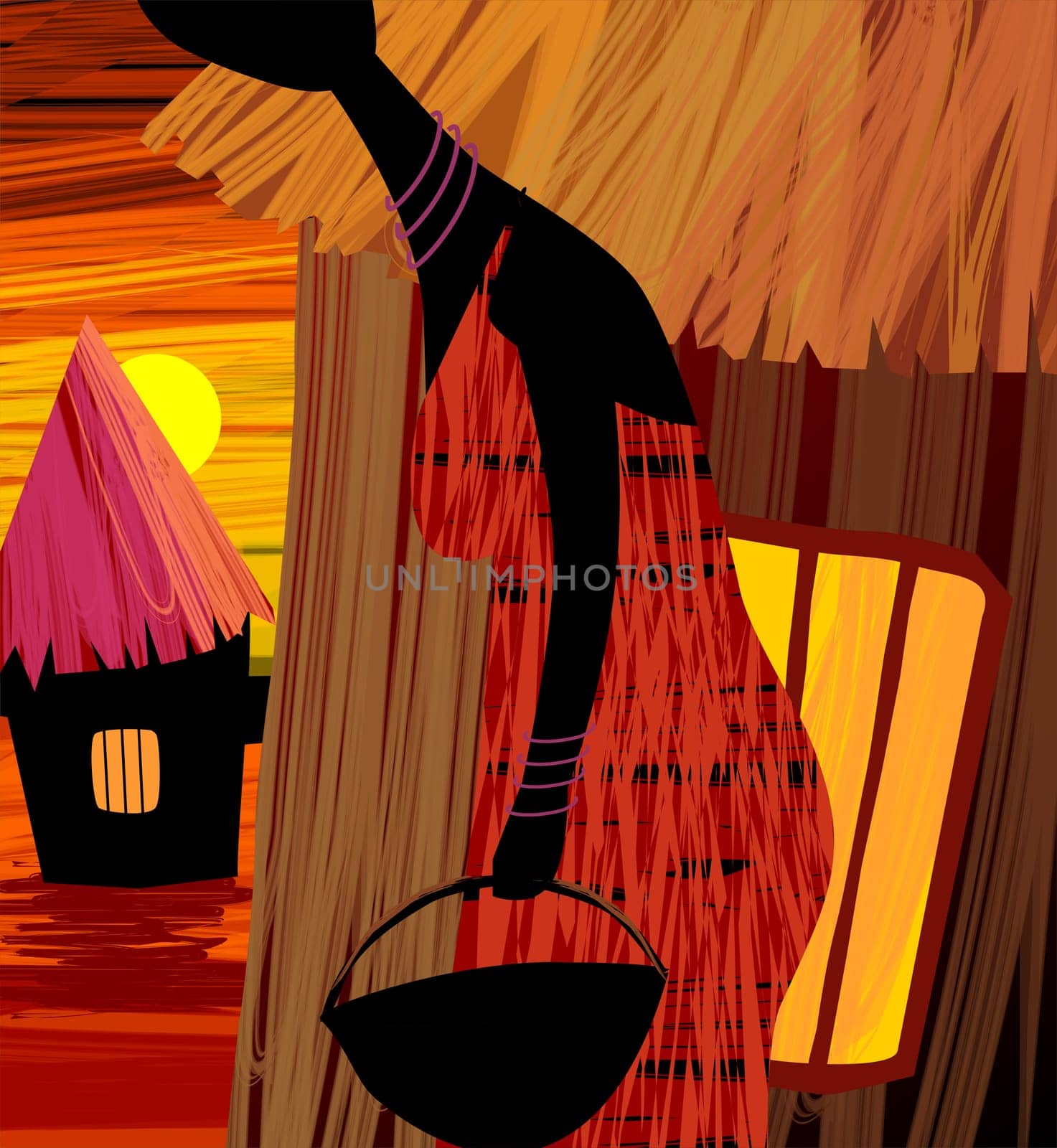 Digital painting of women near the hut.
