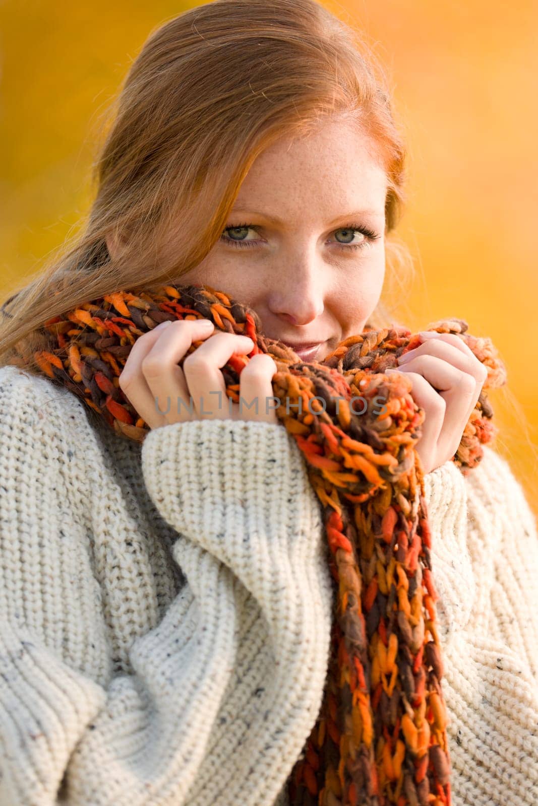 Autumn country sunset - red hair woman