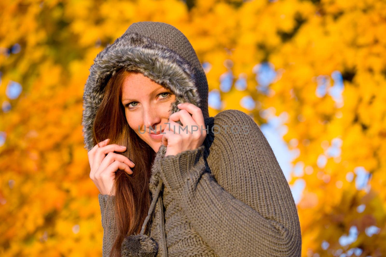 Autumn sunset park - red hair woman fashion