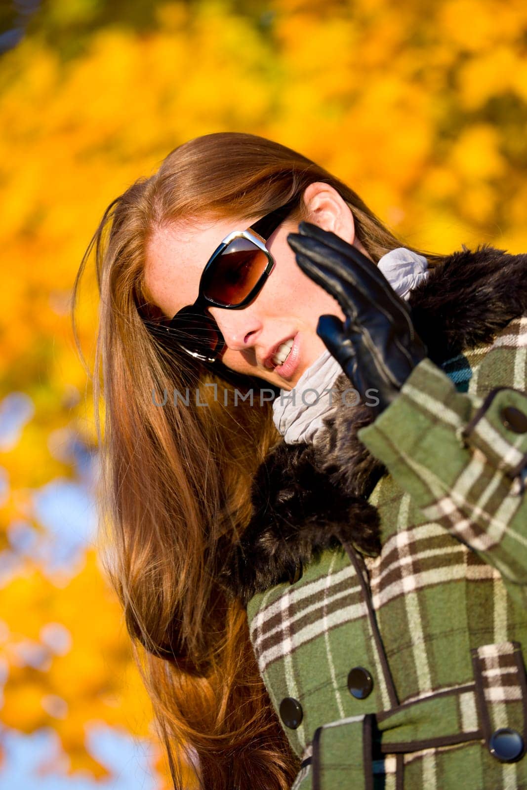 Autumn sunset park - red hair woman fashion