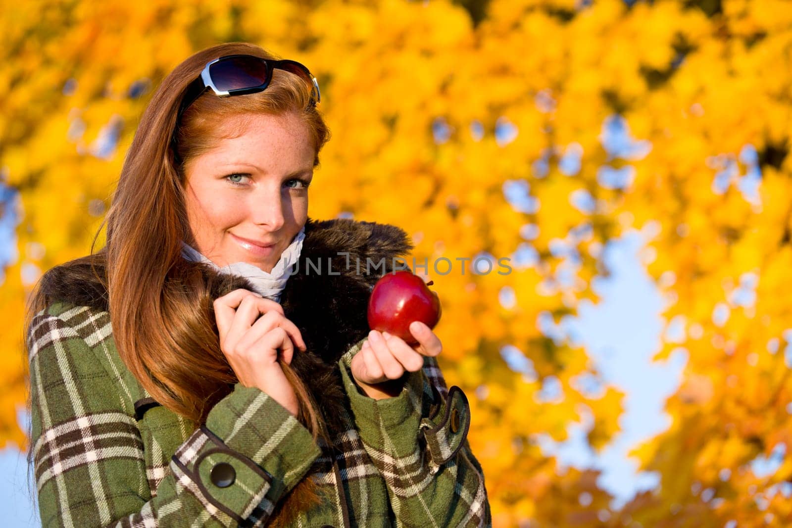 Autumn sunset park - red hair woman fashion