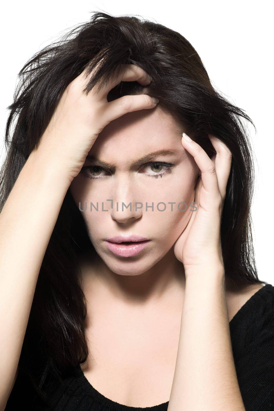 woman portrait hangover sad migraine grief depression