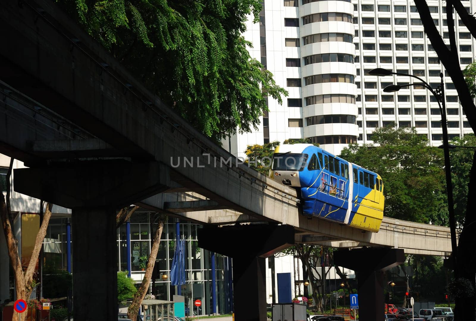 A colorful monorail train