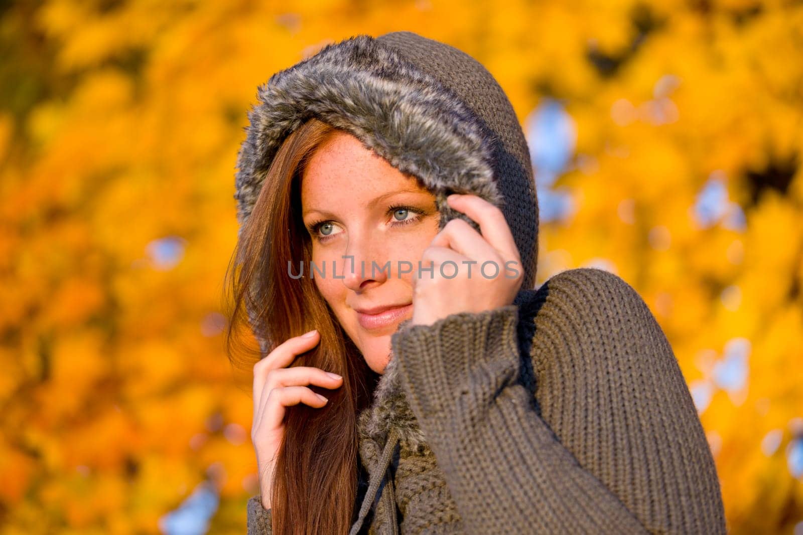 Autumn sunset park - red hair woman fashion