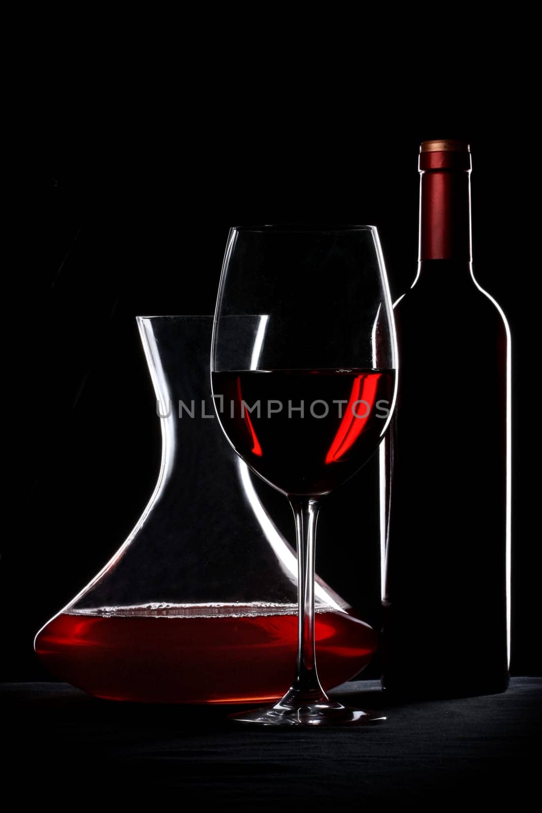 Red wine. Bottle, glass and decanter