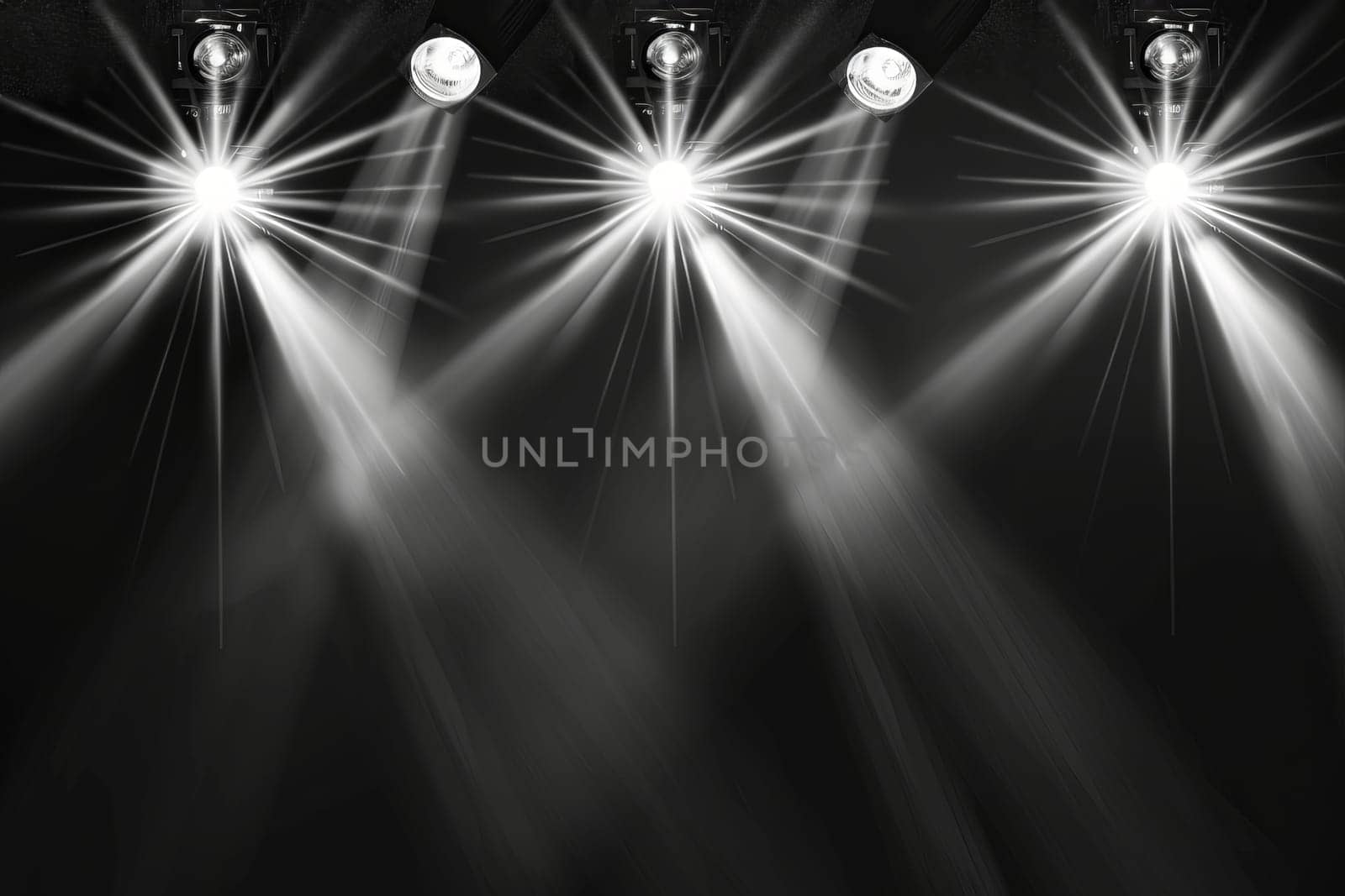 Bright stage spotlights illuminating a dark theater setting.