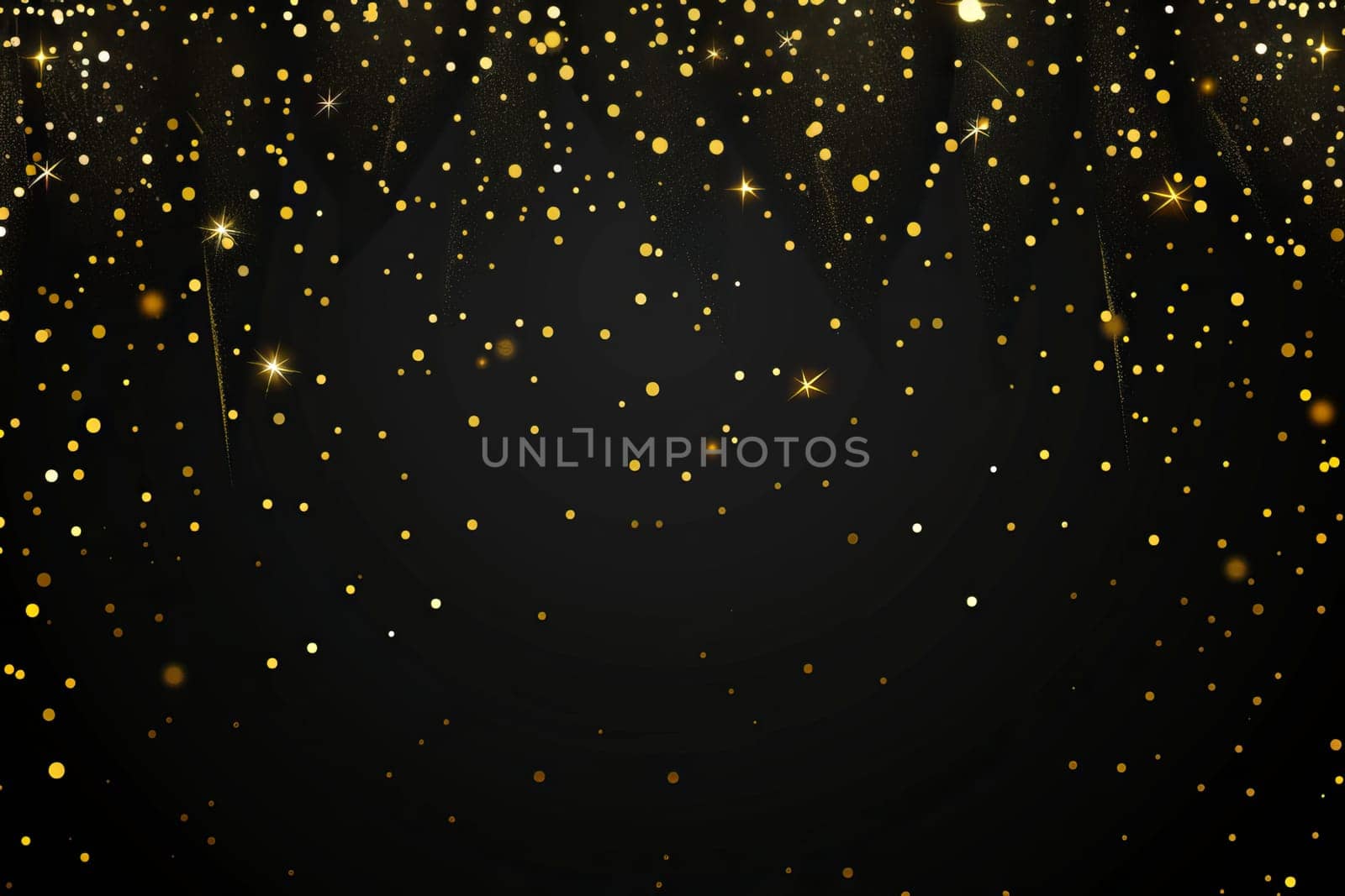 Golden glittering bokeh on black background with twinkling lights.