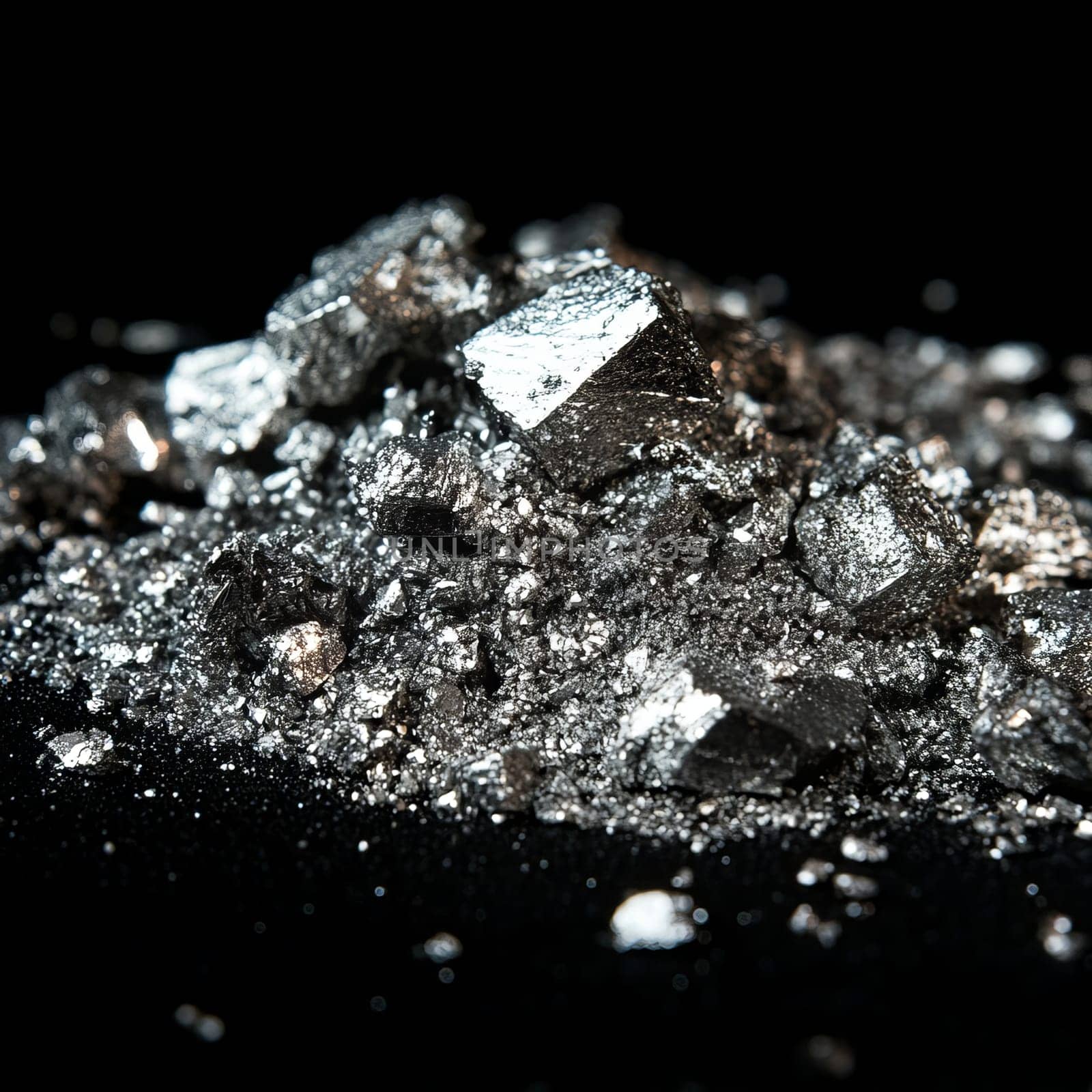 Close-up of shiny metal ore on black surface highlighting metallic texture.