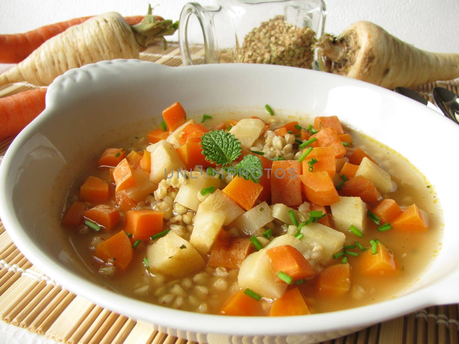 Buckwheat soup with parsley root
