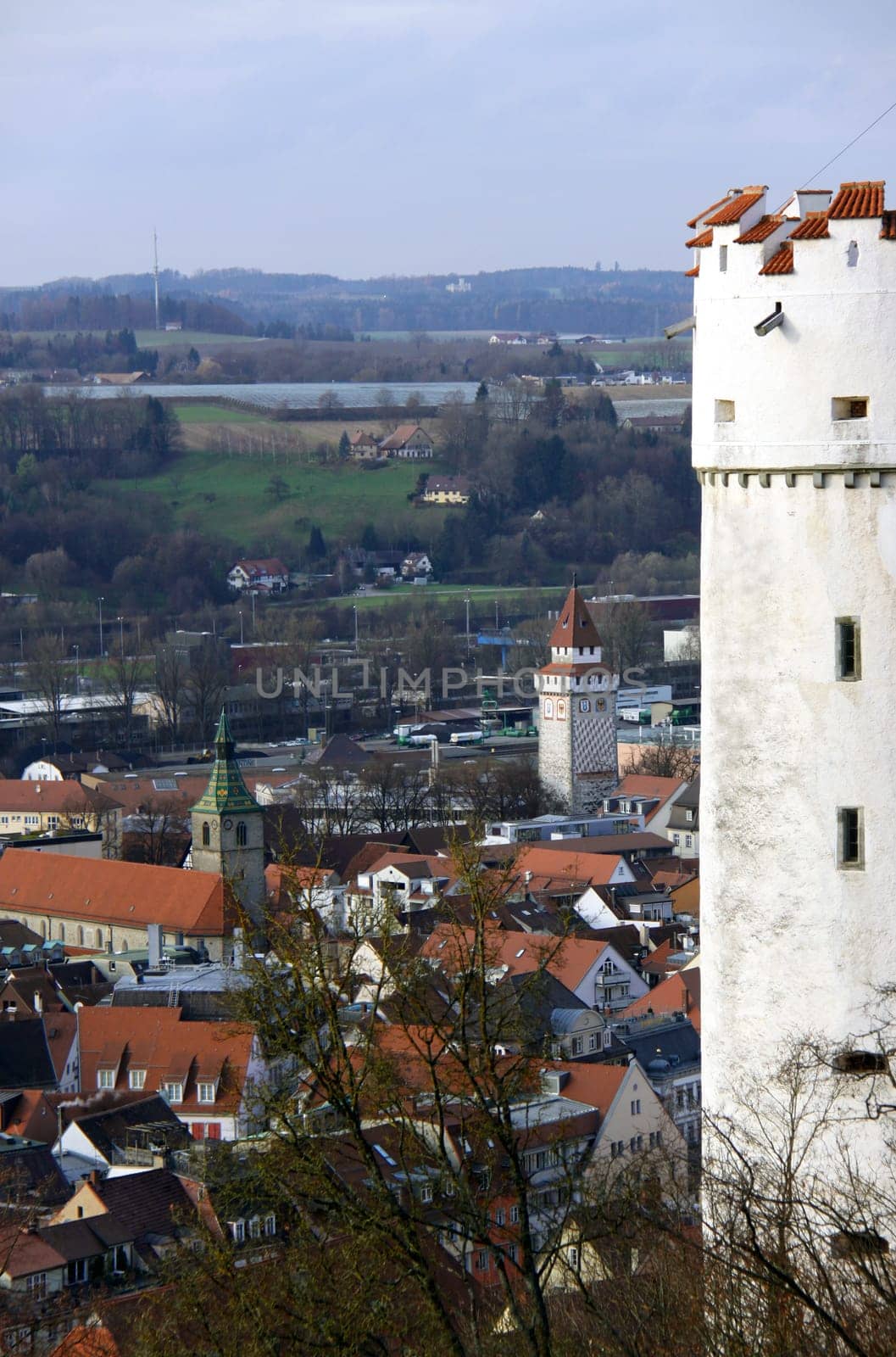View of Ravensburg from the Veitsburg Castle: (from left to right) Tower of St. Jodok Church,"Painted Tower"" and Flour Sack (""White Tower"")"