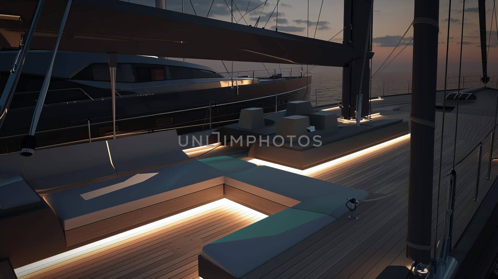 Luxurious yacht deck at twilight with ambient lighting and ocean view.