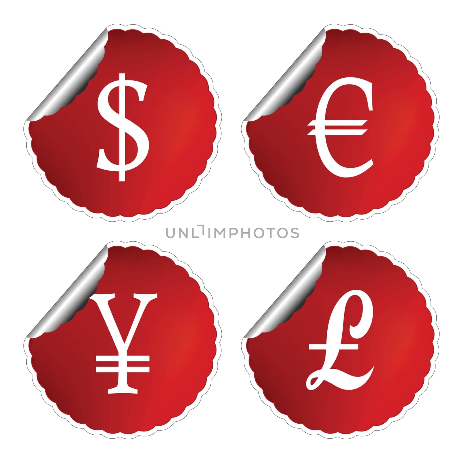red labels with international currency symbols