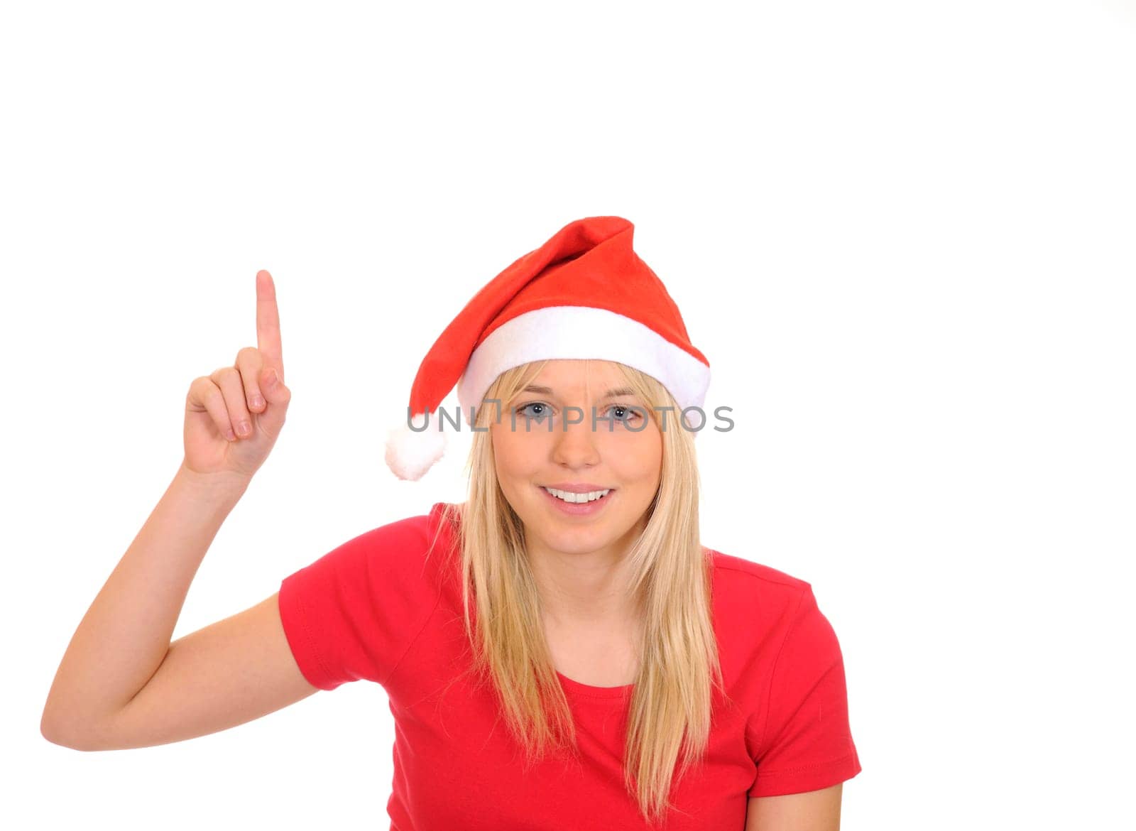 Santa woman points upwards