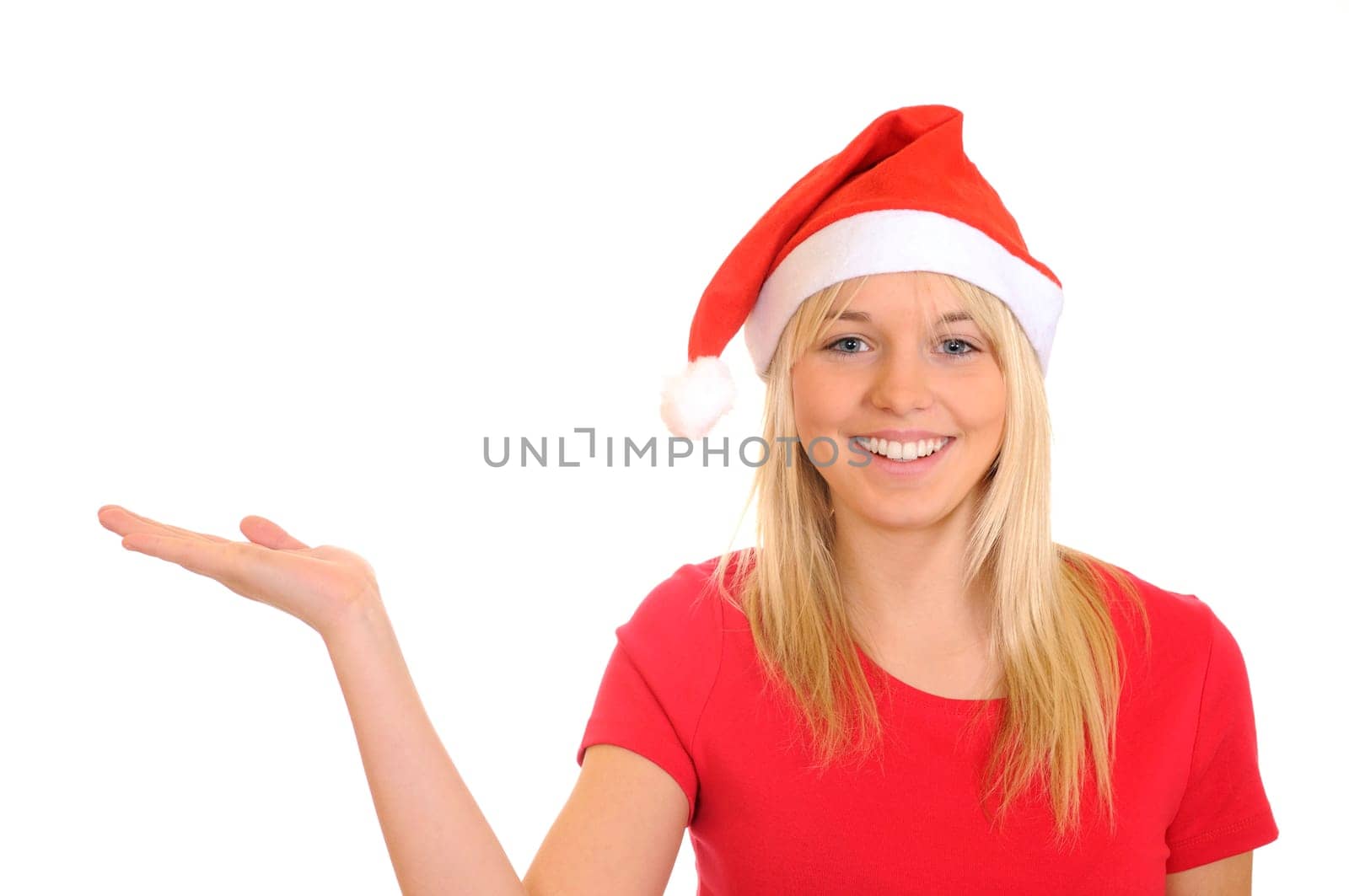 Santa woman shows her right hand