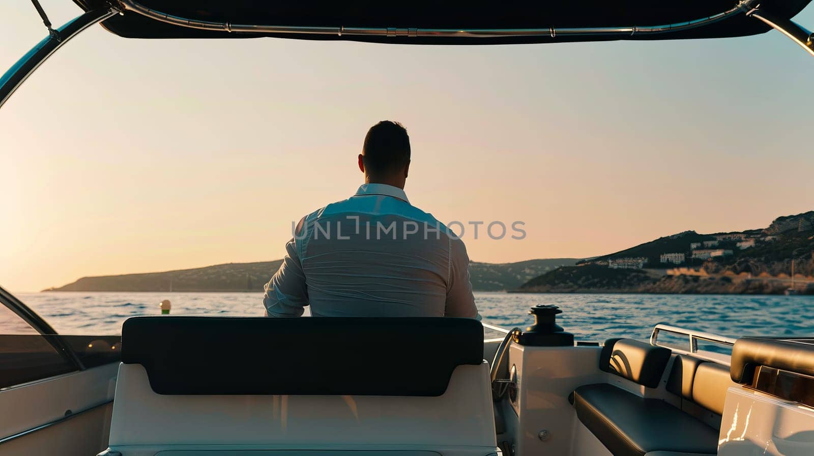 Caucasian male enjoying sunset on luxury boat ride in scenic ocean setting.