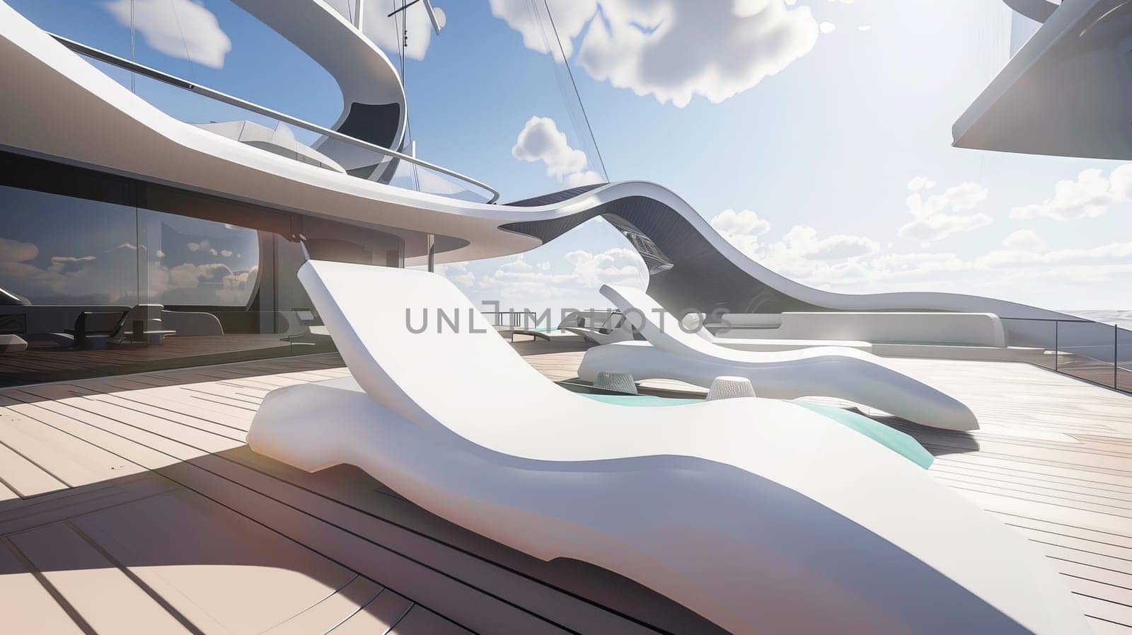 Futuristic luxury yacht deck with modern lounge chairs and ocean view.