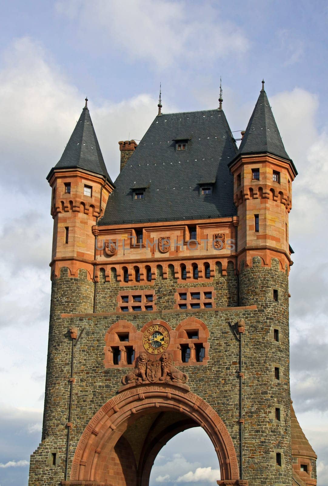 Gate tower of the old Nibelungen Bridge in Worms: "Built 1897–1900 under the reign of Ernst-Ludwig,Grand Duke of Hesse and by the Rhine"" (building inscription)"