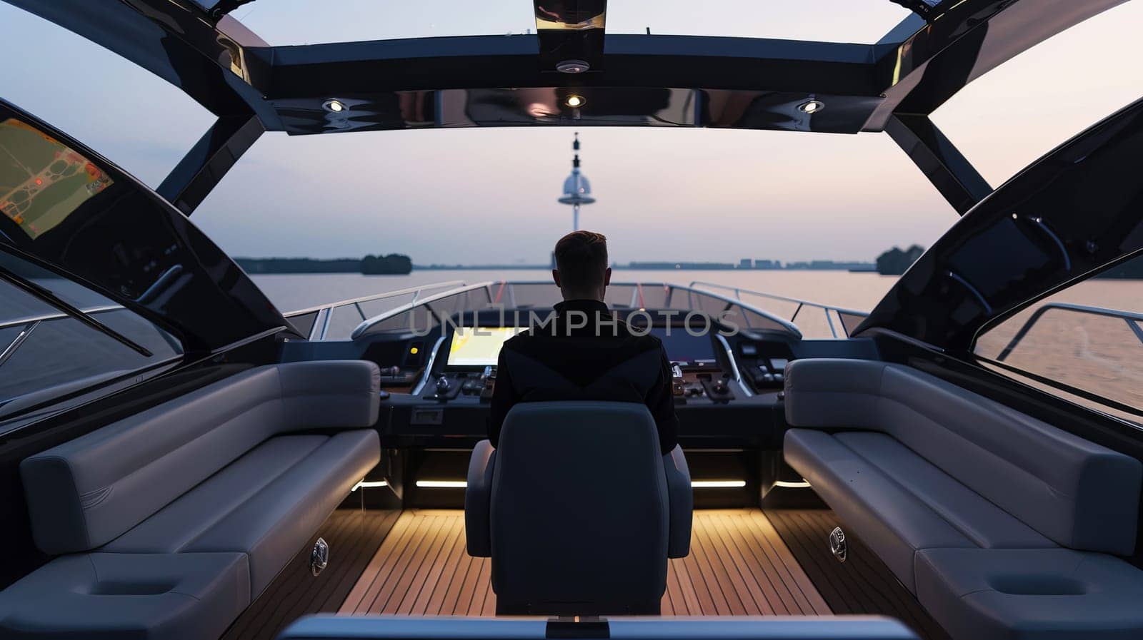 Caucasian male steering modern yacht at sunset on serene lake.