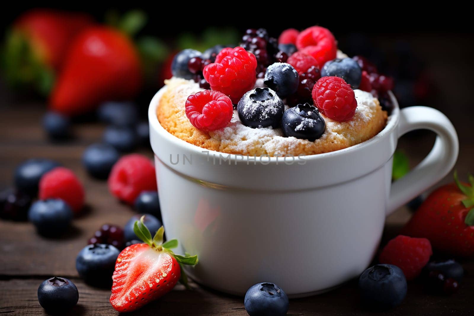 Mug Cakes in cups on blue background. Cherries and fresh berries. Fast cooking in microwave. Copy space. cupcake in mug. Easy homemade concept. High quality photo