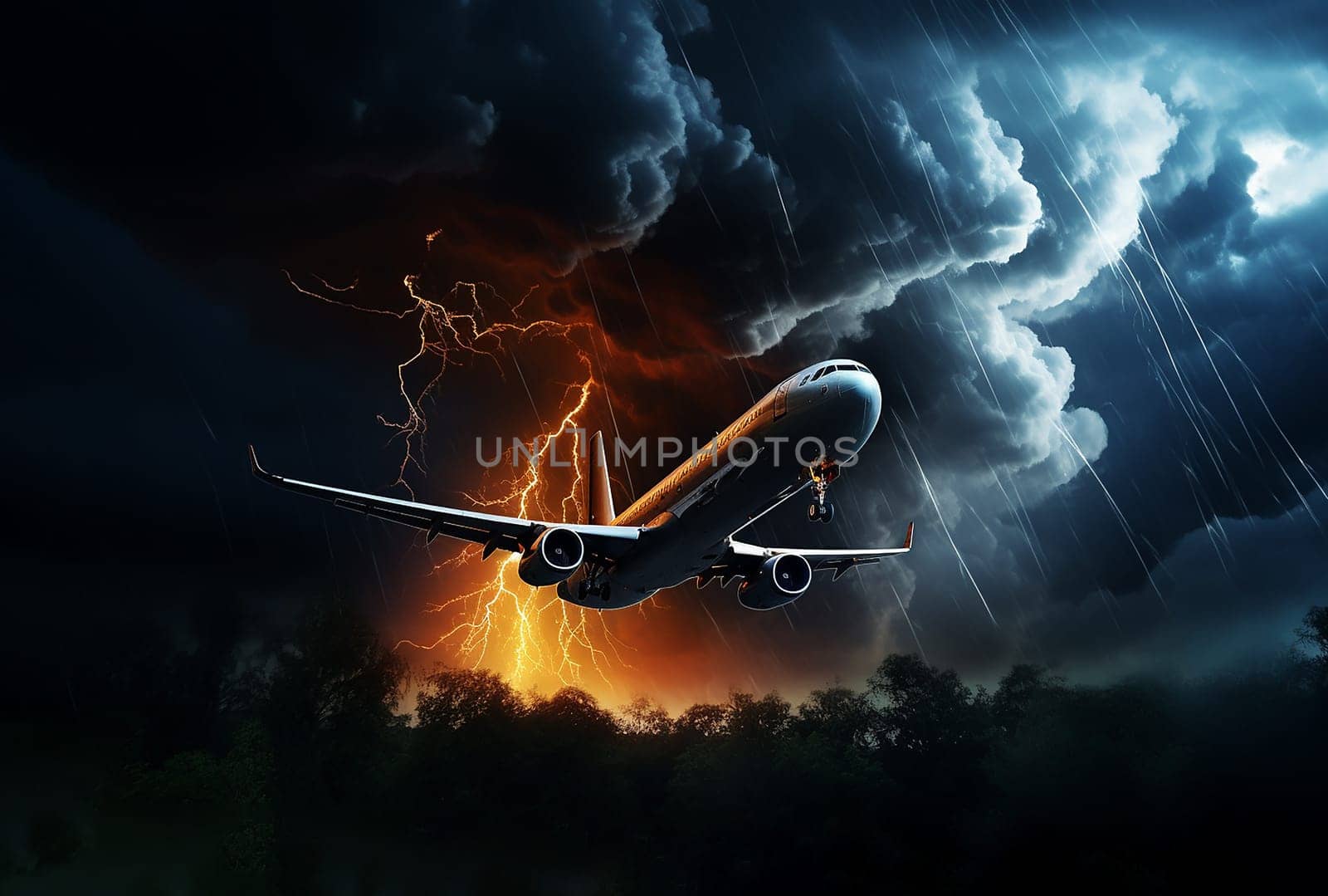a storm warning. the plane is landing. Thunderstorm, storm and lightning in the night sky. plane crash in thunderstorm warning. Bad weather. High quality photo
