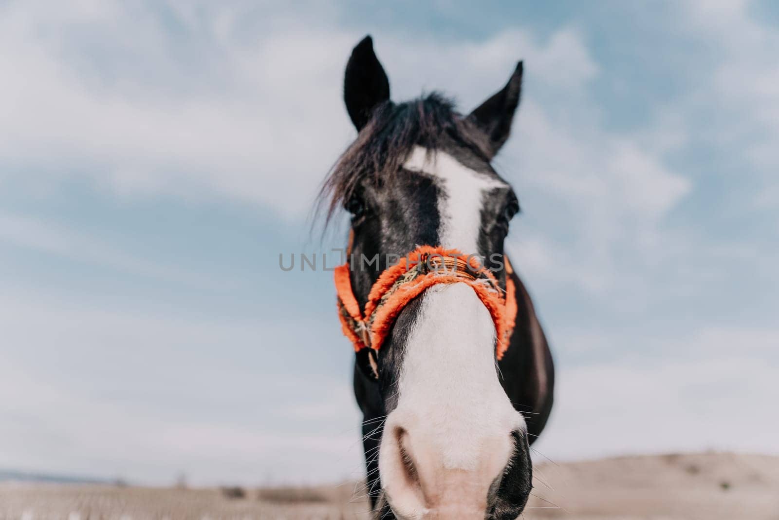 Cute happy young woman with horse. Rider female drives her horse in nature on evening sunset light background. Concept of outdoor riding, sports and recreation.