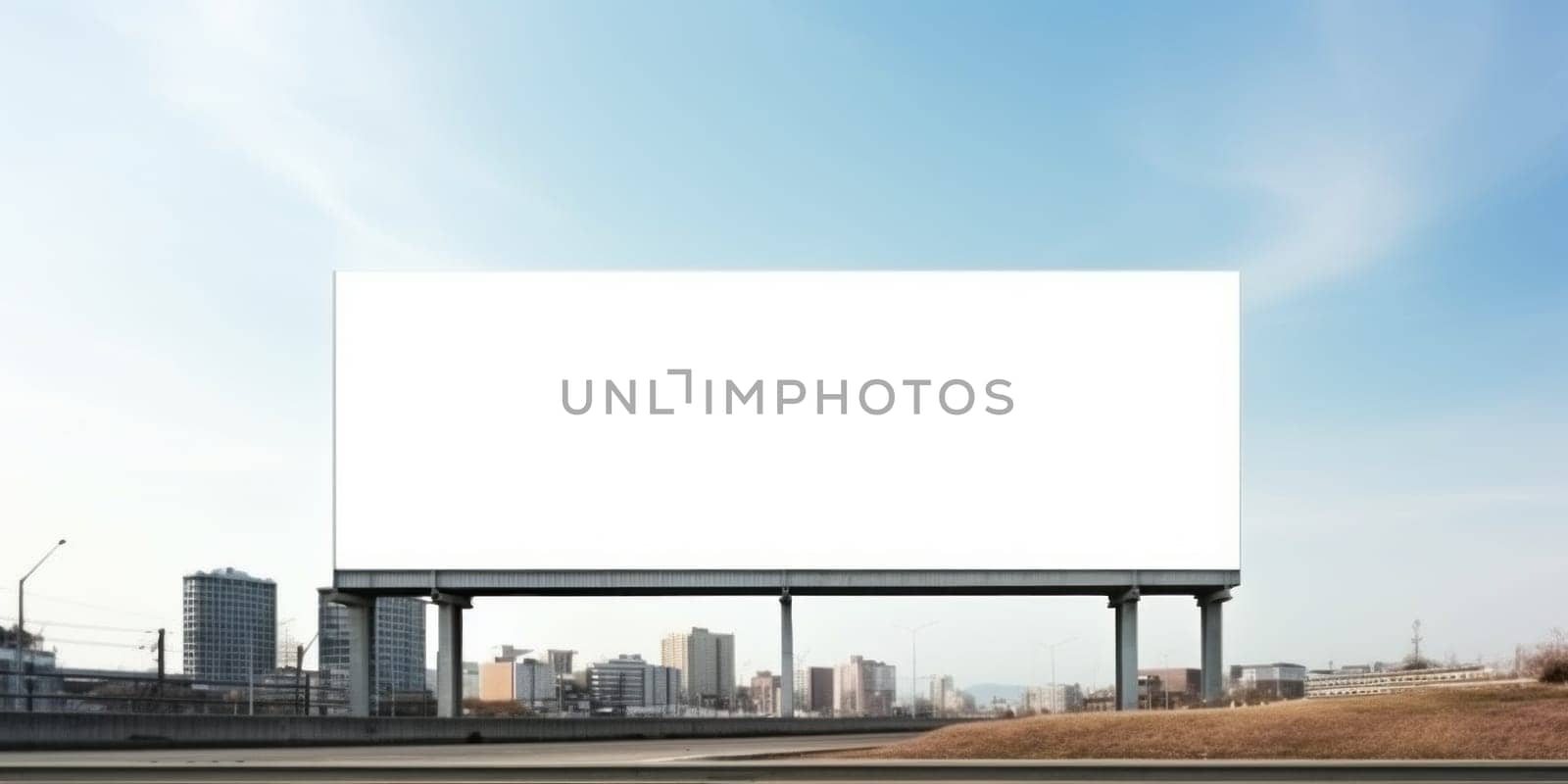 Empty white billboard signage advertising signs on the side of highway. Mockup advertisement concept. Generative ai.