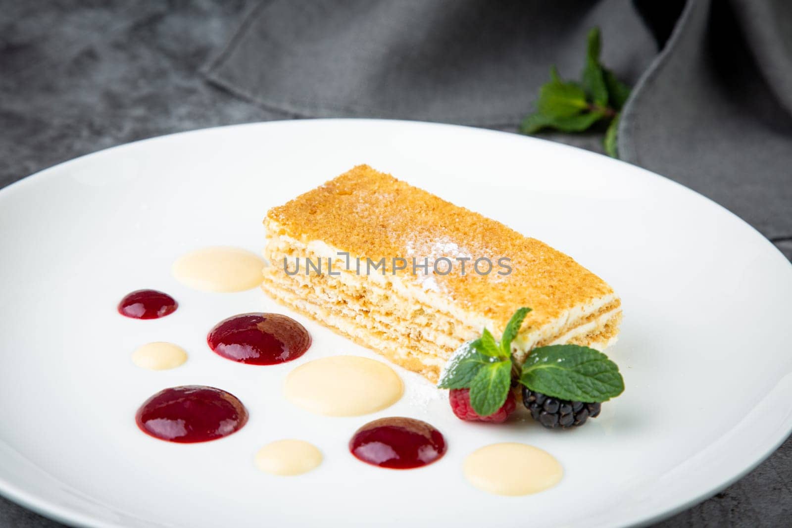 white sponge cake with drops of syrup, mint and wild berries on a round plate side veiw by tewolf