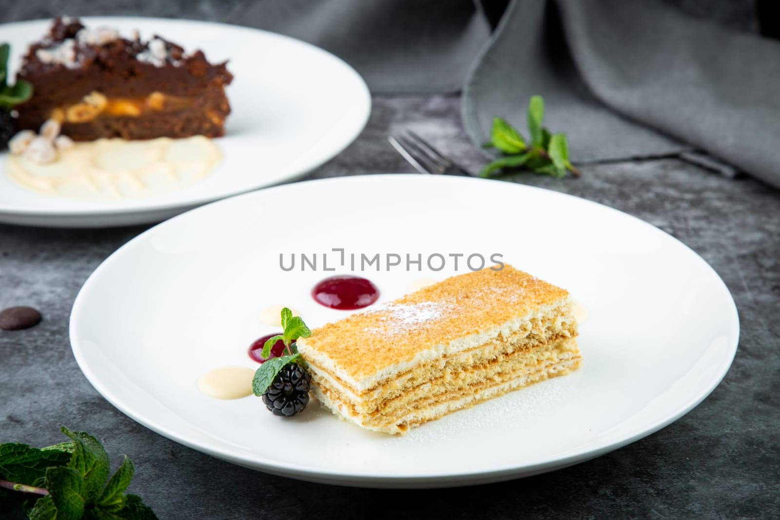 white sponge cake with drops of syrup, mint and wild berries on a round plate side veiw by tewolf