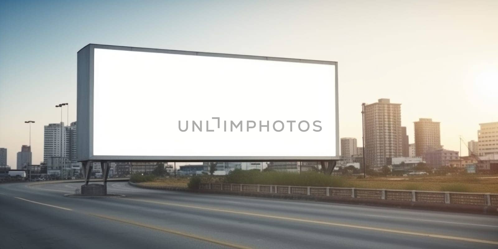 Empty white billboard signage advertising signs on the side of highway. Mockup advertisement concept. Generative ai.