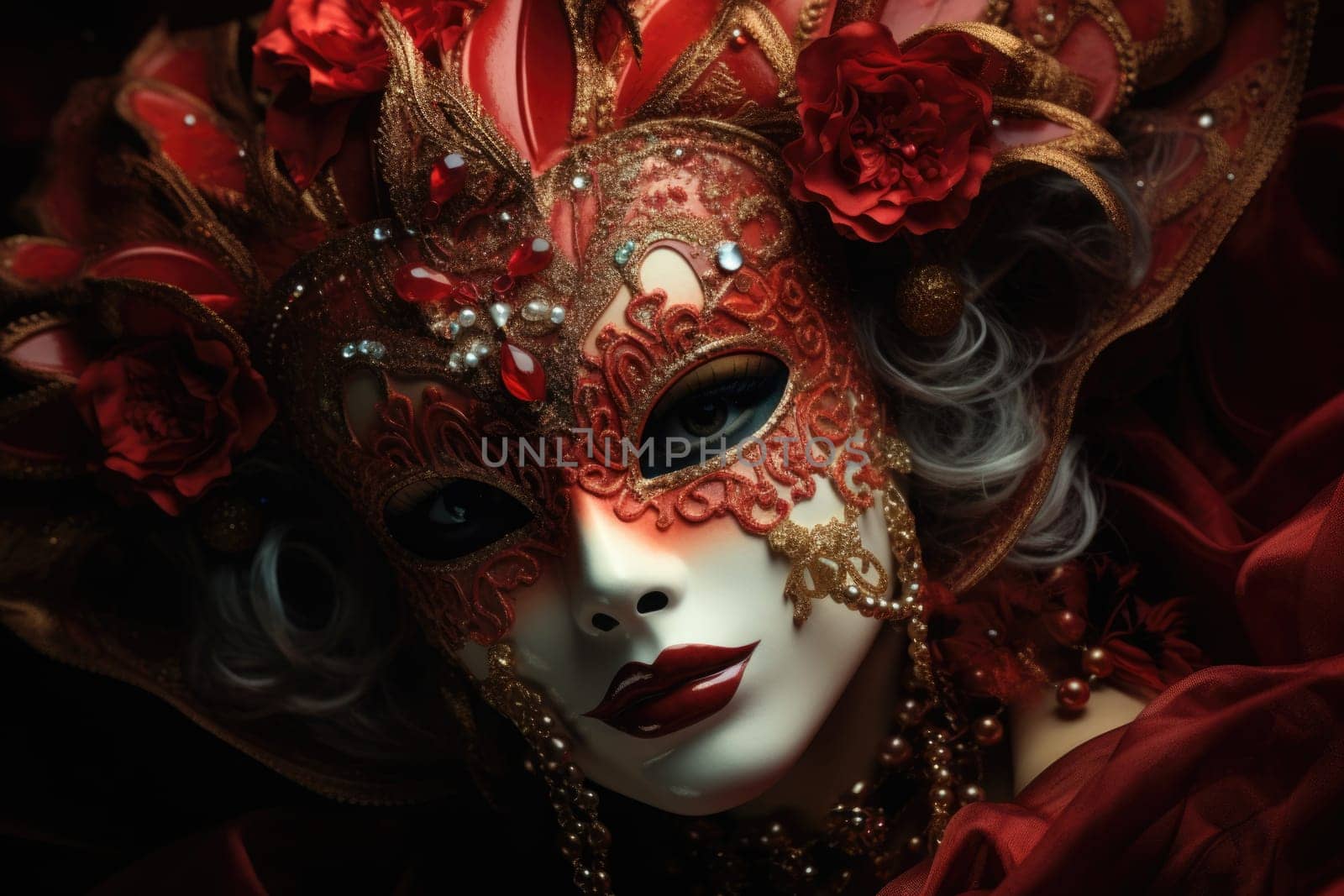 Beautiful woman in black mysterious venetian mask. Carnival. AI Generated