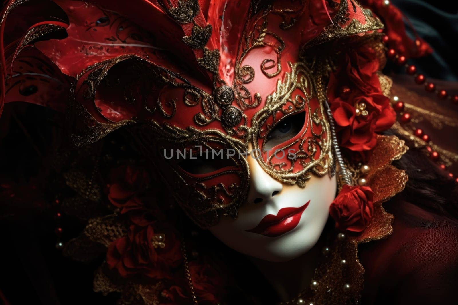 Beautiful woman in black mysterious venetian mask. Carnival. AI Generated
