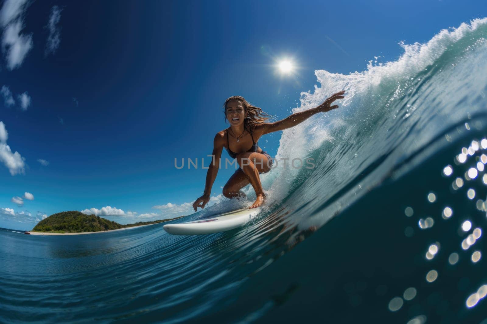 Surf woman on wave generate with Ai. High quality photo