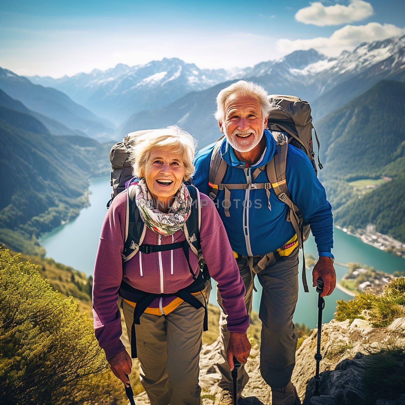 Happy retired couple traveling in the mountains in autumn. by Yurich32