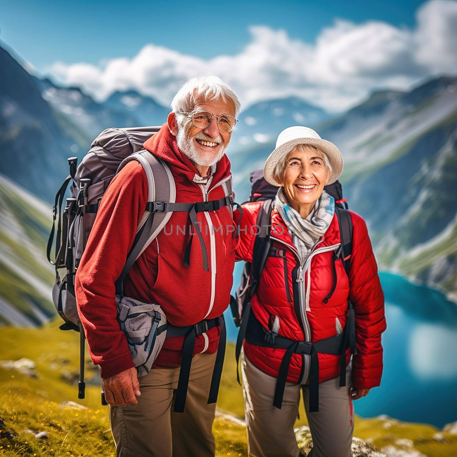 Happy retired couple traveling in the mountains in autumn. by Yurich32