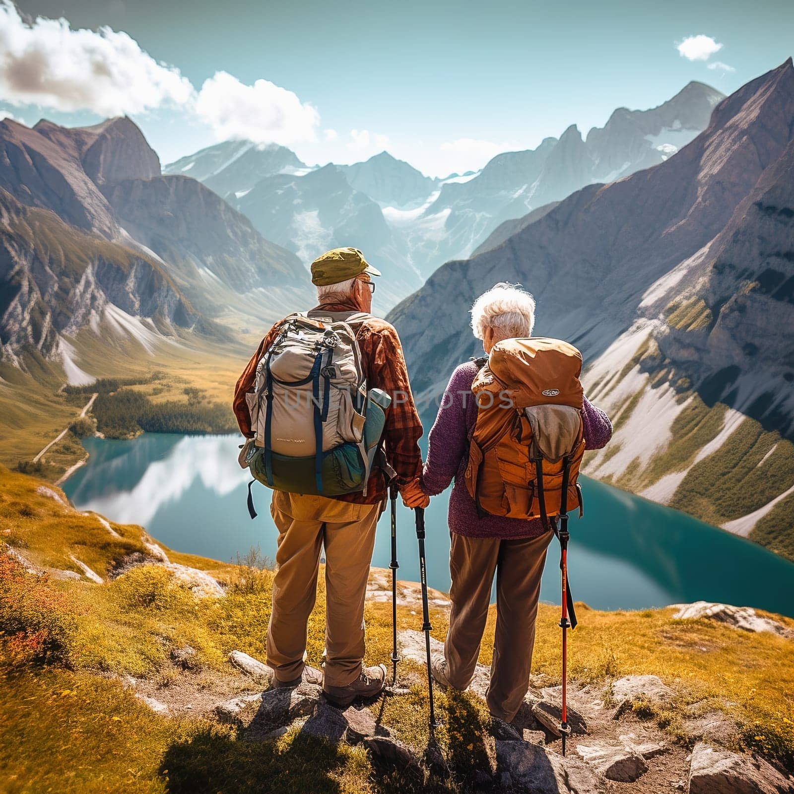 A traveling retired couple stands by a lake in the mountains. High quality photo