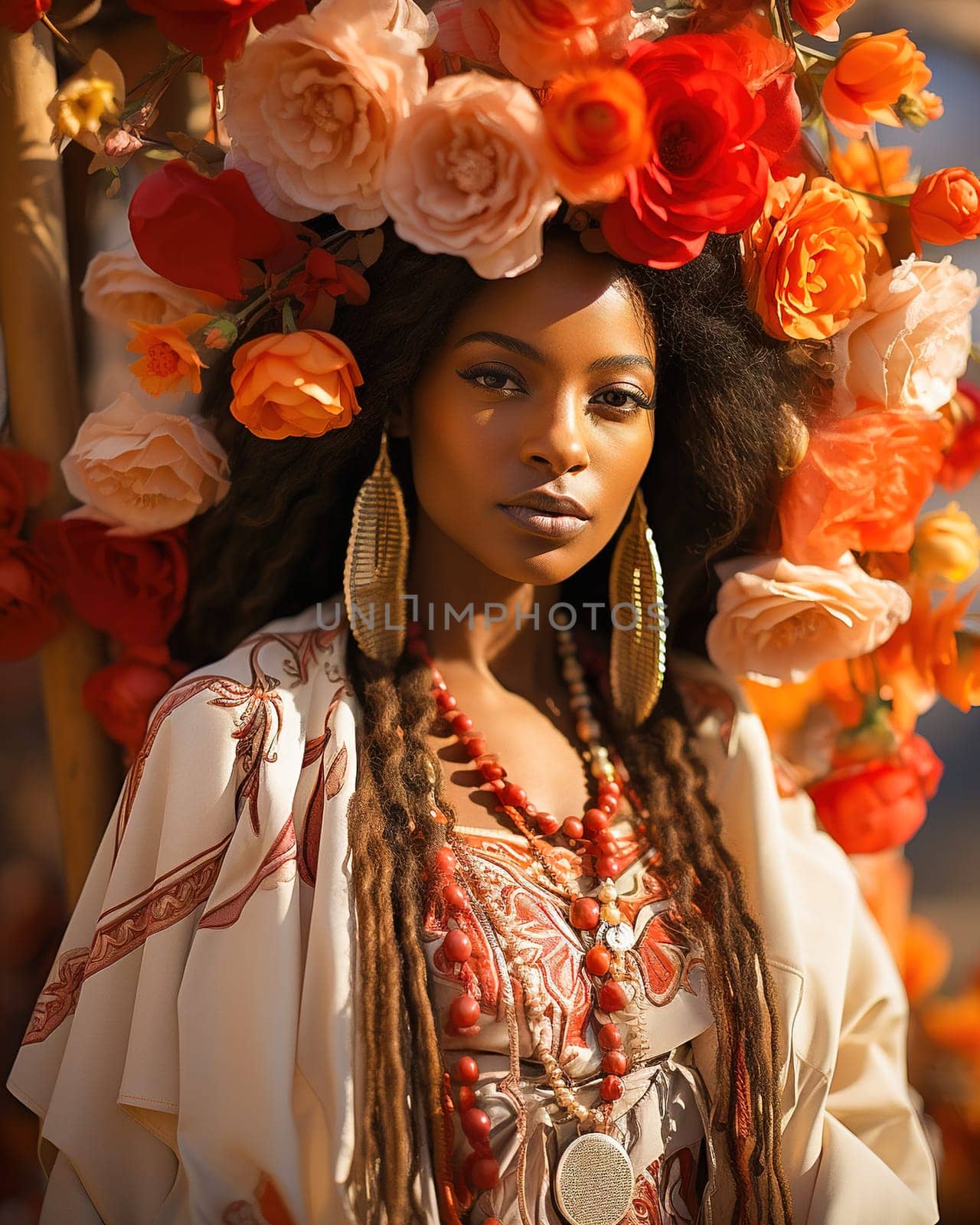 Beautiful, African-American woman in orange colors and clothes. High quality photo