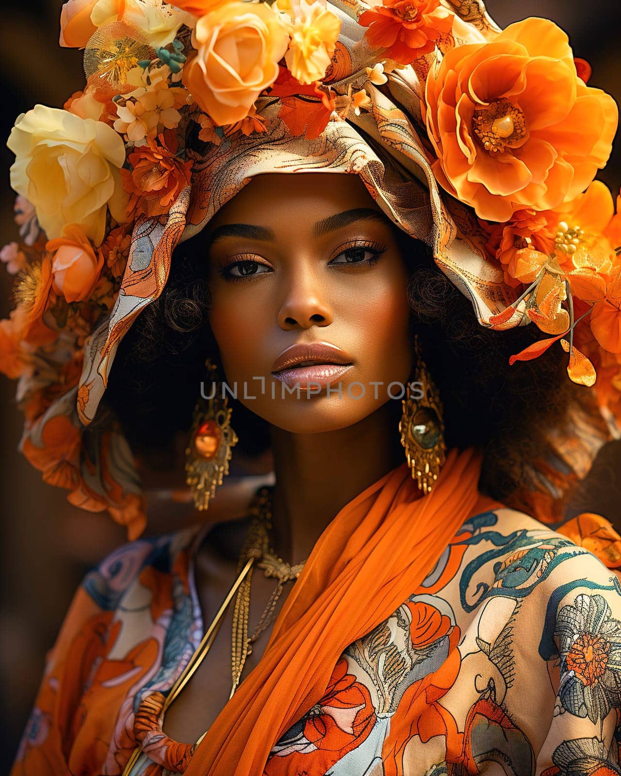 Beautiful, African-American woman in orange colors and clothes. High quality photo