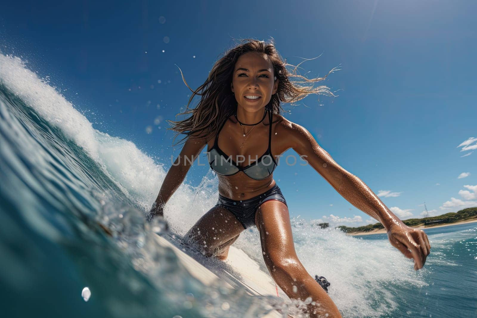 Surf woman on wave generate with Ai. High quality photo