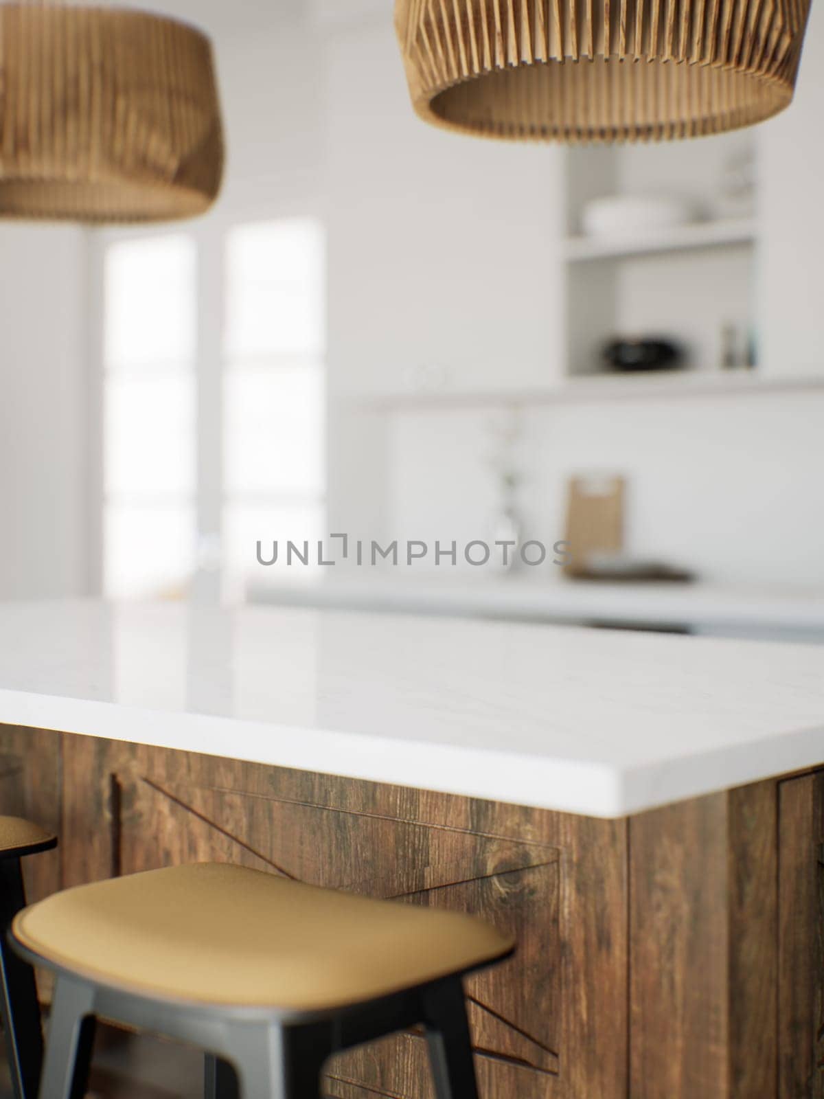 Focus on the marble countertop against the backdrop of kitchen appliances and utensils. Stylish traditional kitchen with wooden fixtures. 3D rendering