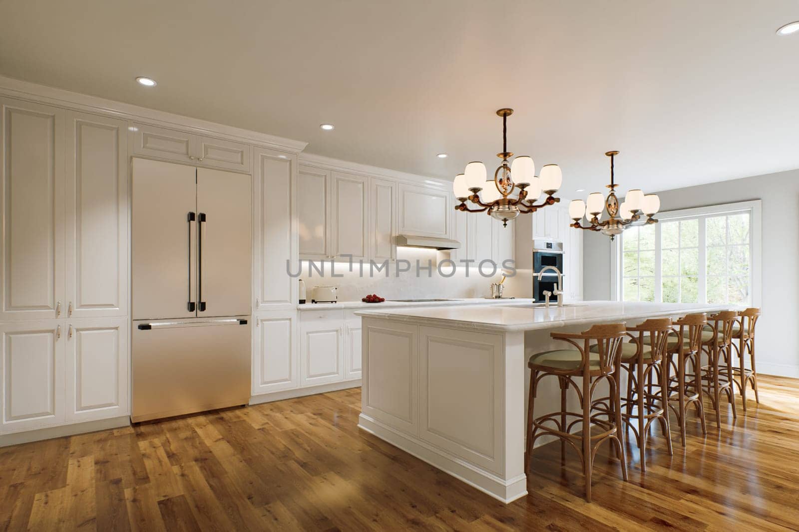 Traditional white kitchen with long island and wooden chairs with varnished wood flooring. by N_Design