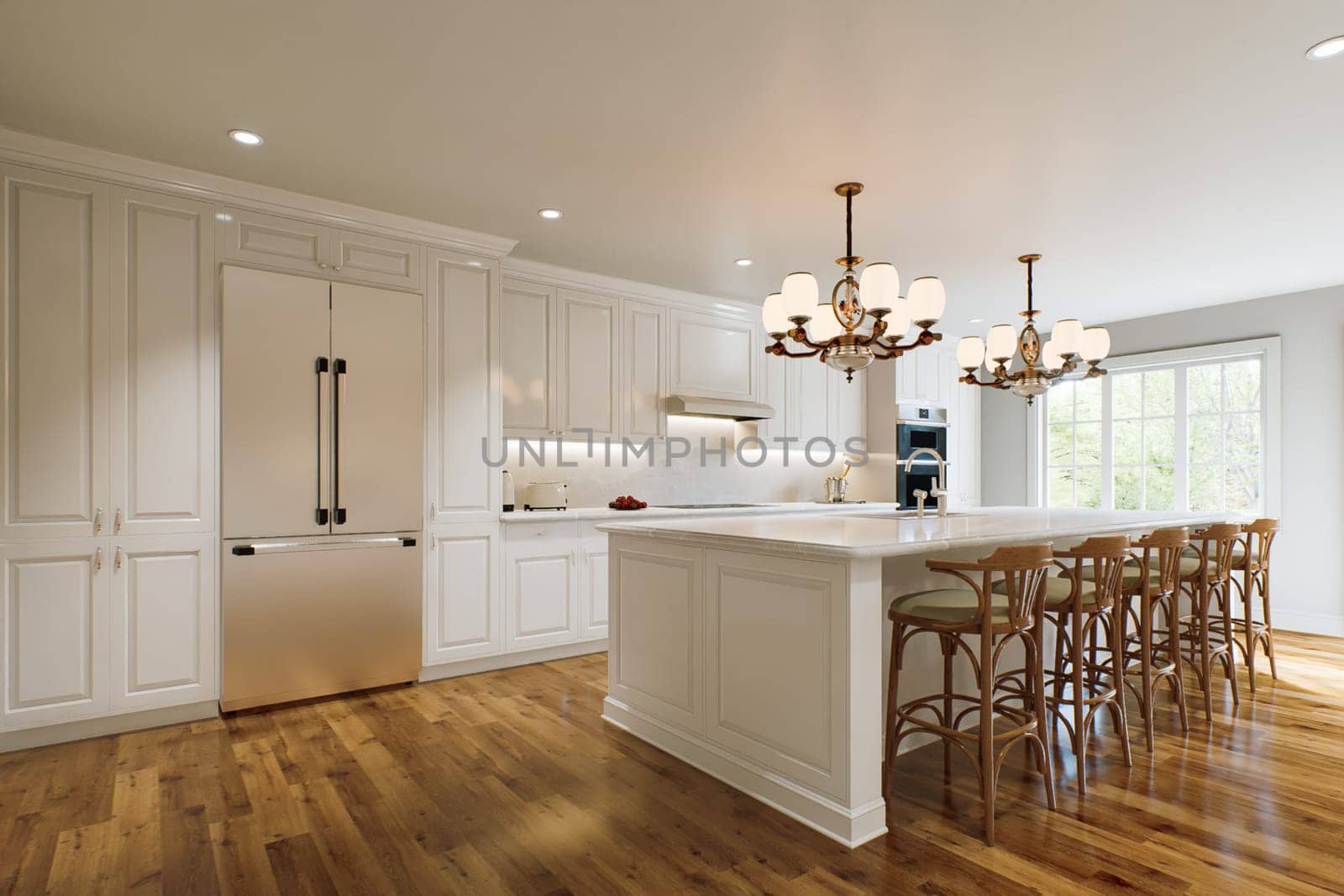 Traditional white kitchen with long island and wooden chairs with varnished wood flooring. Classic kitchen with large chandeliers and kitchen appliances. 3d rendering