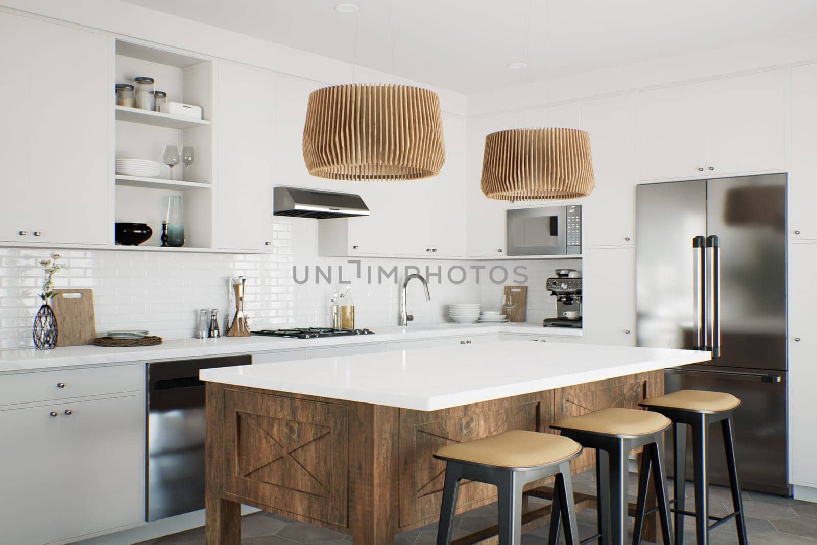 White kitchen with wood island and patterned wood fixtures with kitchen appliances and utensils. by N_Design