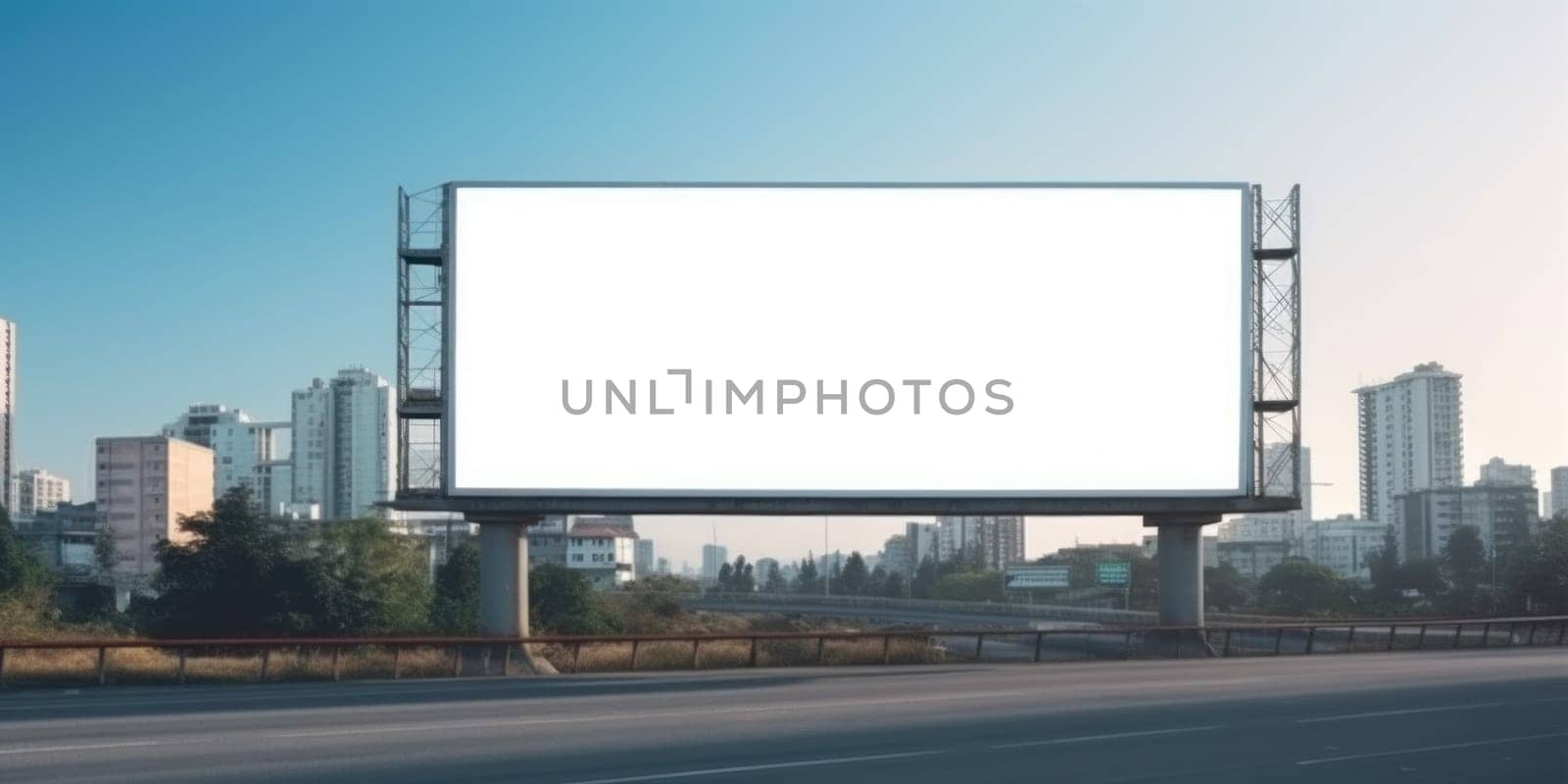 Empty white billboard signage advertising signs on the side of highway. Mockup advertisement concept. Generative ai by nateemee