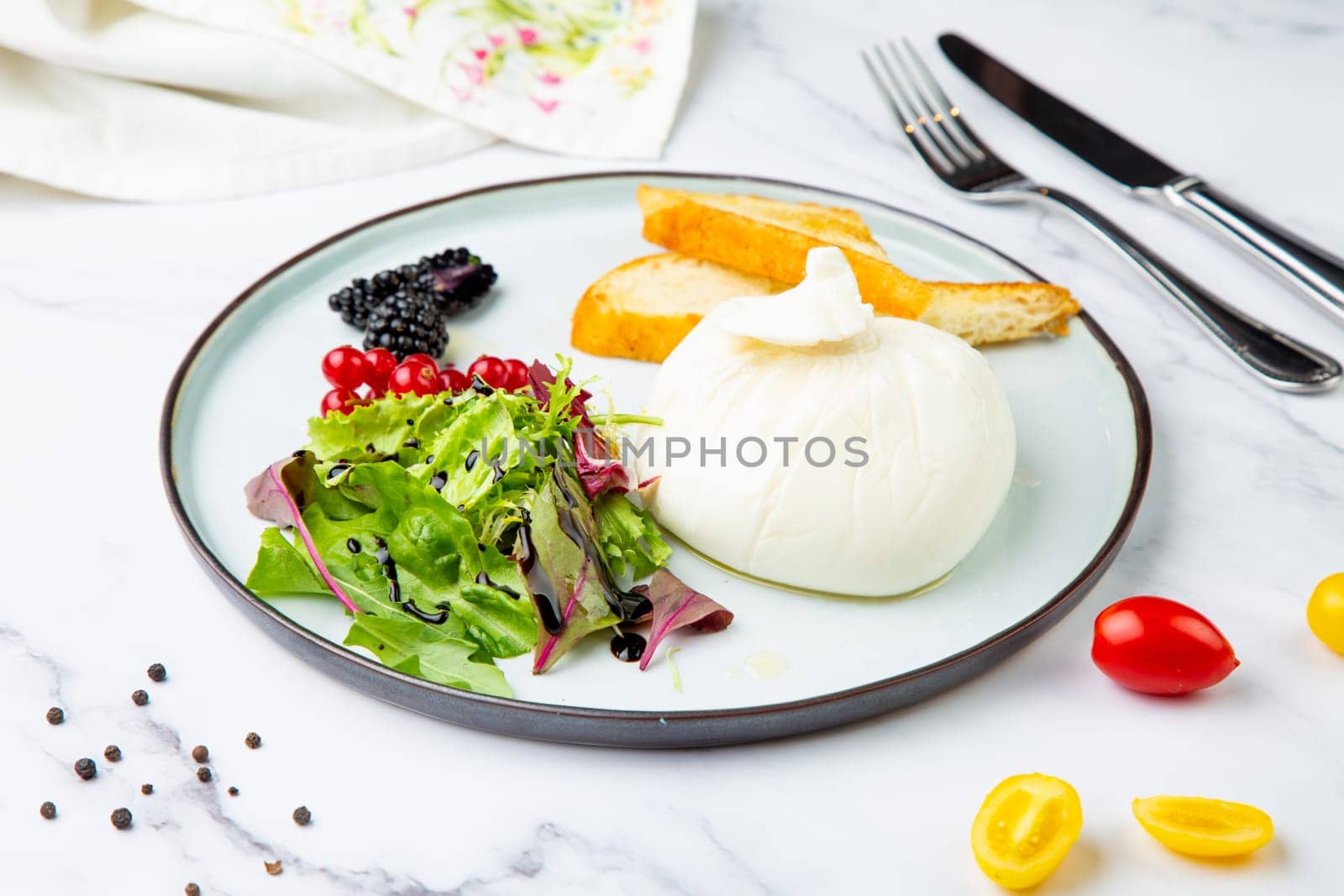 mozzarella with spinach, cherry tomatoes, wild berries and bread in a round plate side veiw by tewolf