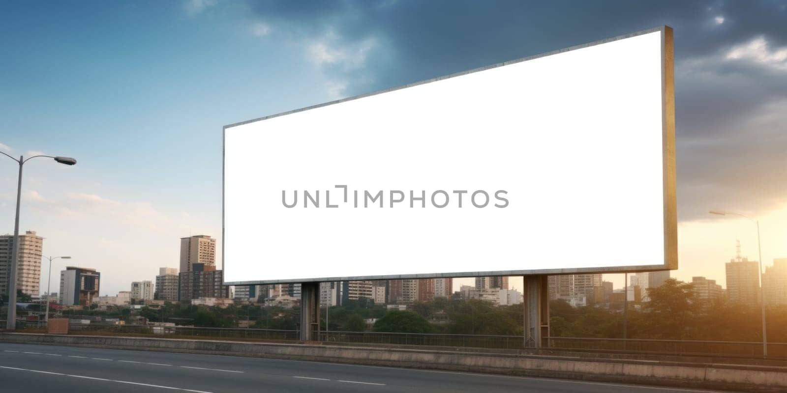 Empty white billboard signage advertising signs on the side of highway. Mockup advertisement concept. Generative ai.