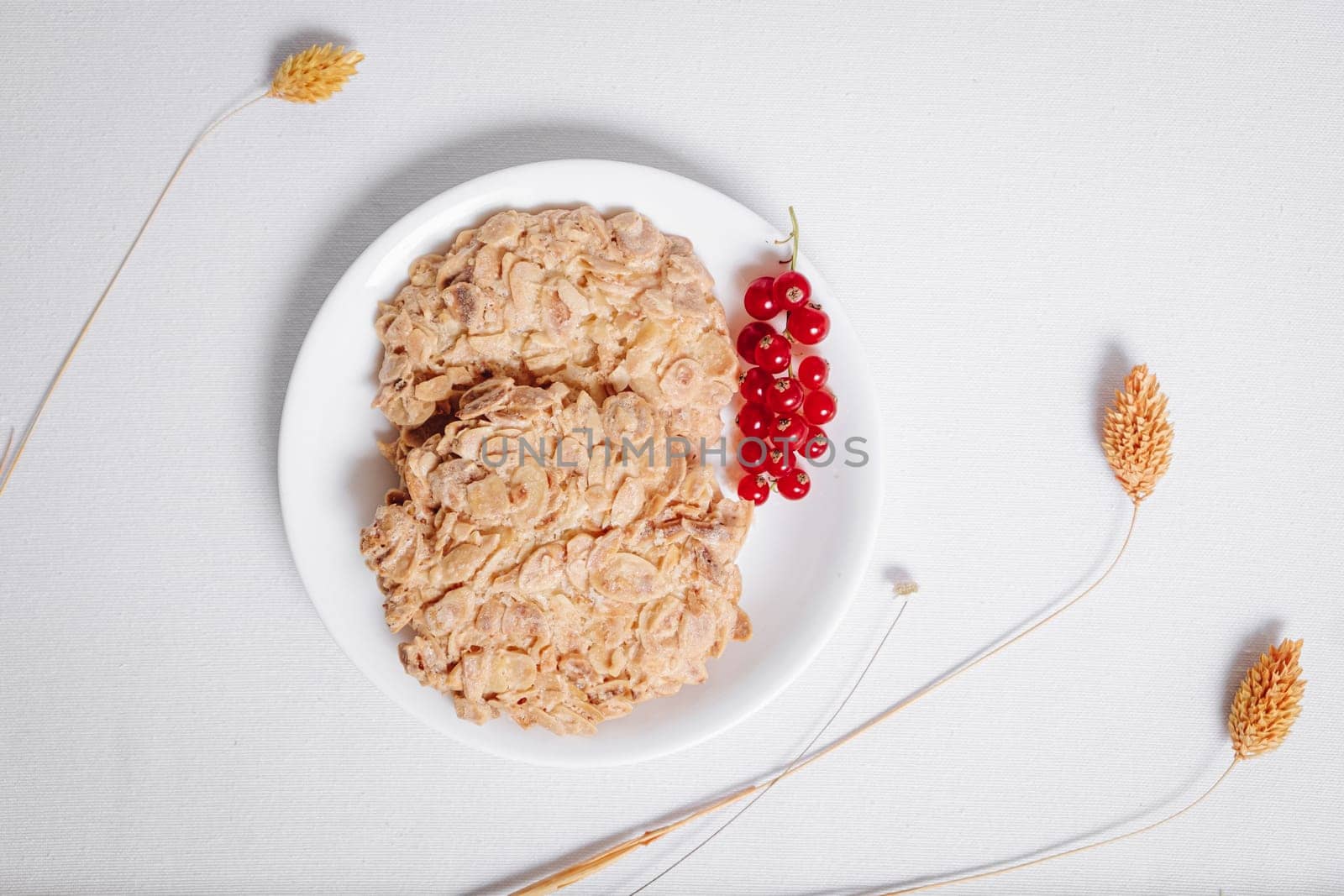 whole grain cookies with a sprig of red currants in a small white plate top view by tewolf