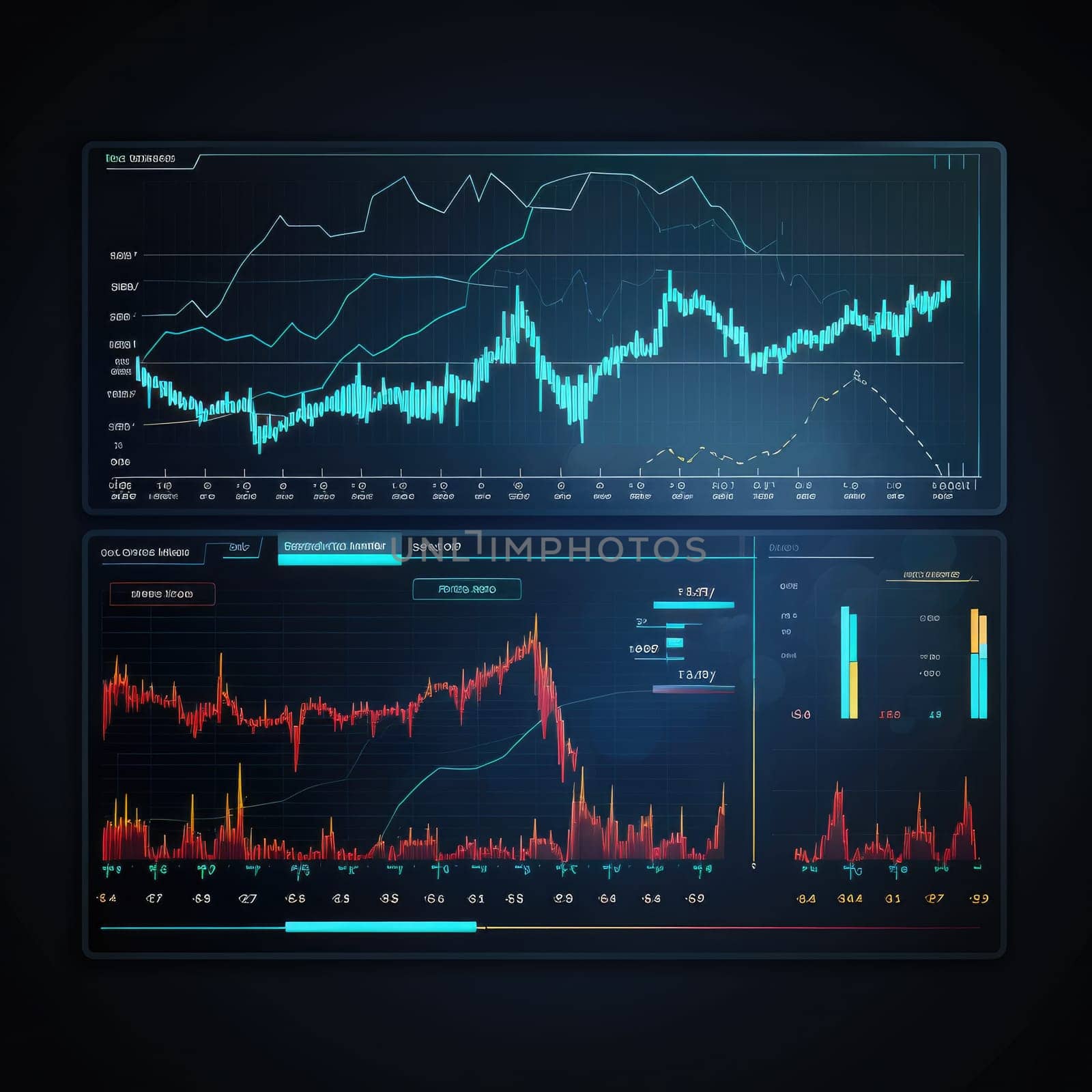 Business finance and stock market chart with flat line ar interface, ux ui. Generative AI.