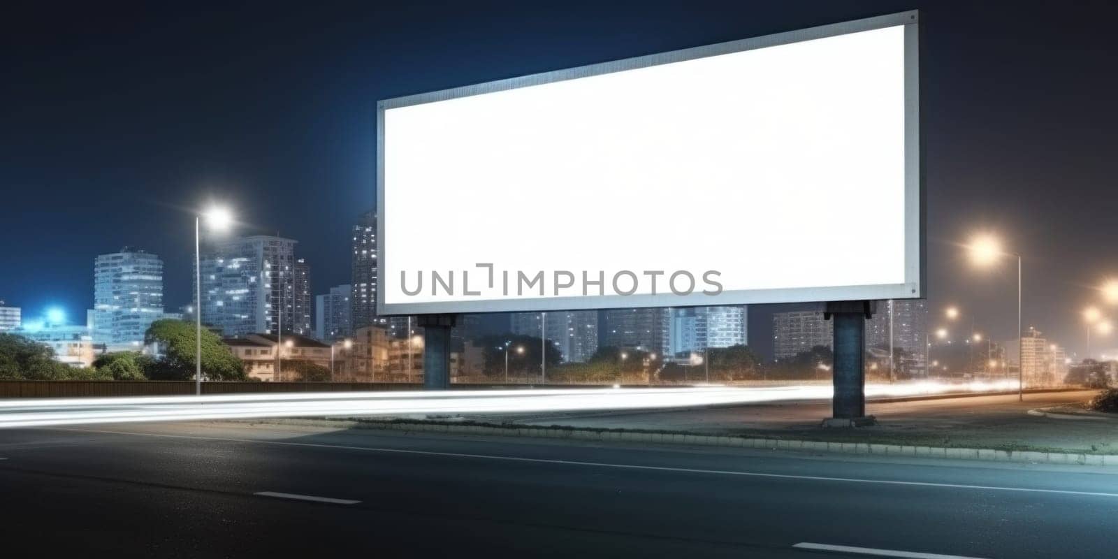 Empty white billboard signage advertising signs on the side of highway. Mockup advertisement concept. Generative ai.