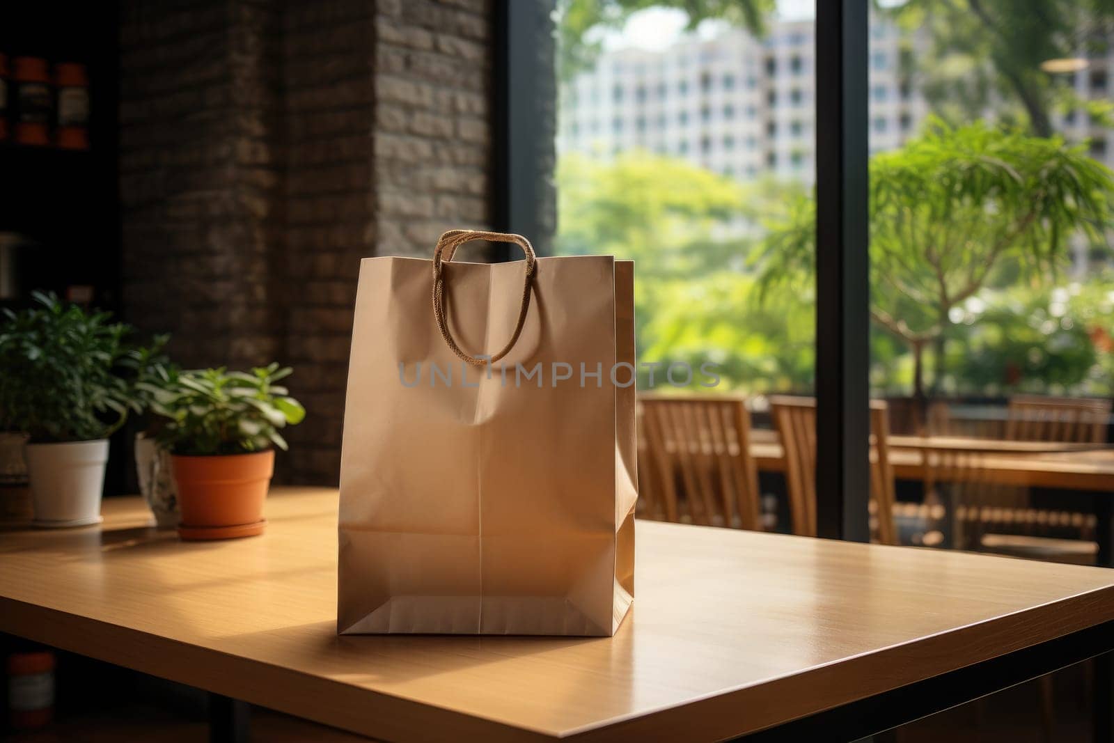 Paper bag on the desk with shopping mall background. black friday concept. Generative AI.